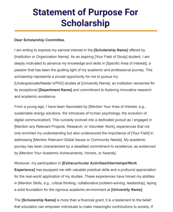 Scholarship Statement of Purpose - Free AI Statement of Purpose Generator with 50+ Real SOP Examples
