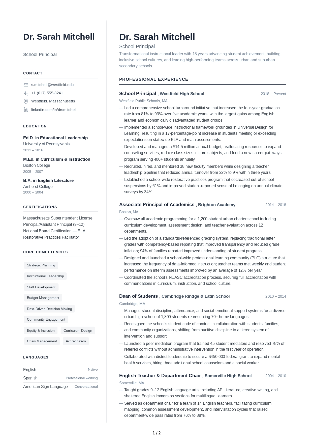 School Principal CV - Free AI CV Maker, 50+ Real CV Examples