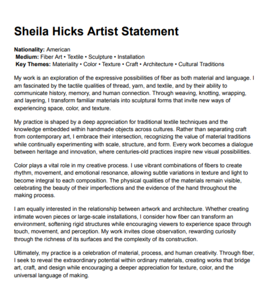 Sheila Hicks Artist Statement - Free AI Artist Statement Generator, 50+ Real Artist Statement Examples