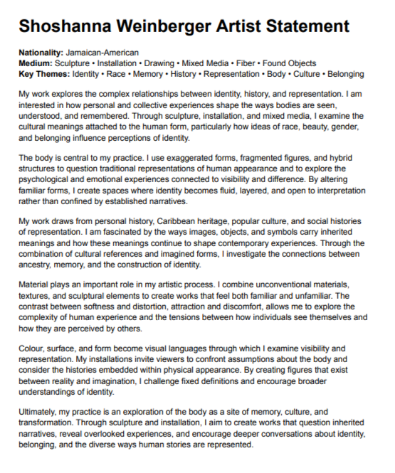 Shoshanna Weinberger Artist Statement - Free AI Artist Statement Generator, 50+ Real Artist Statement Examples
