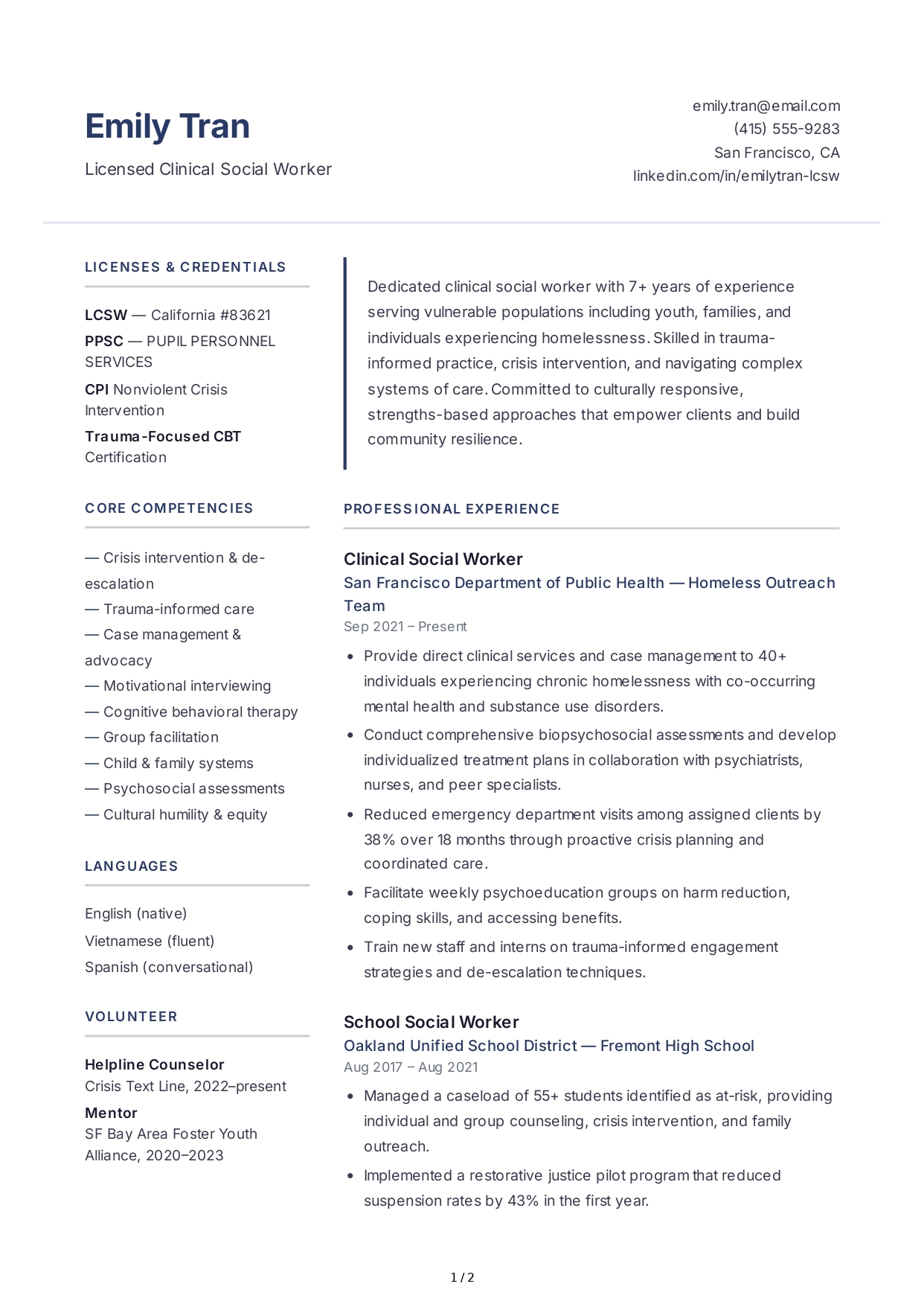 Social Worker CV - Free AI CV Maker, 50+ Real CV Examples