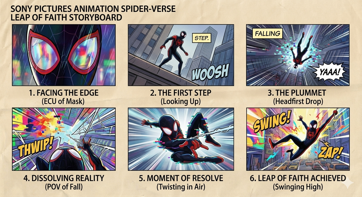 Sony Pictures Animation Spider-Verse Leap of Faith Storyboard - Free AI Storyboard Generator, 40+ Real Storyboard Examples