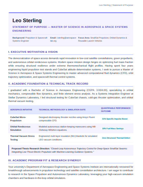 Space Systems Engineering Statement of Purpose - Free AI Statement of Purpose Generator with 50+ Real SOP Examples