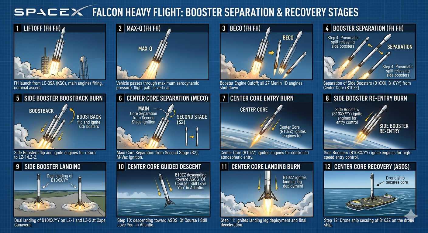 SpaceX Falcon Heavy Flight Booster Separation Recovery Stages Storyboard - Free AI Storyboard Generator, 40+ Real Storyboard Examples