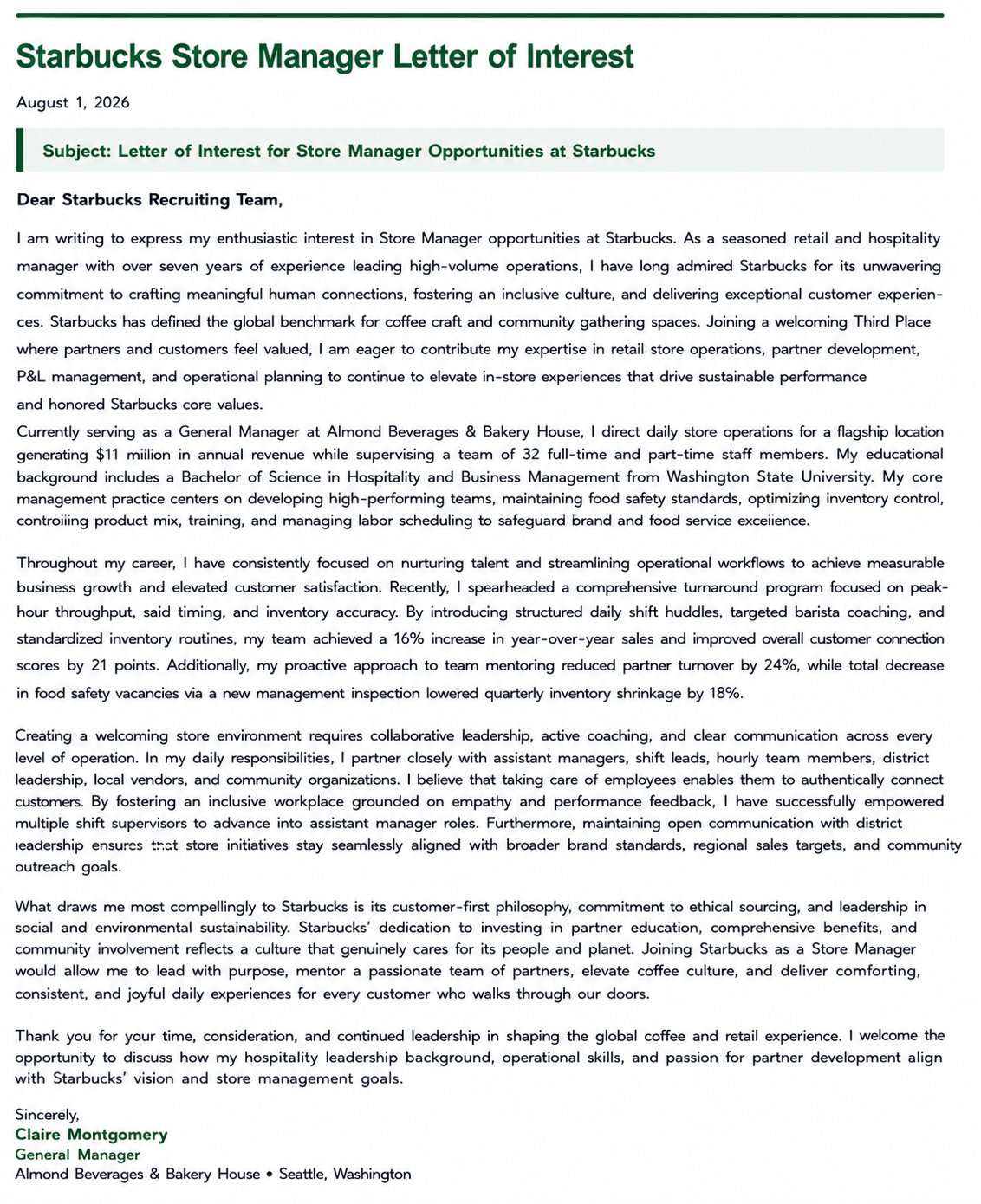 Starbucks Store Manager Letter of Interest - Free AI Letter of Interest Generator, 50+ Real Letter of Interest Examples