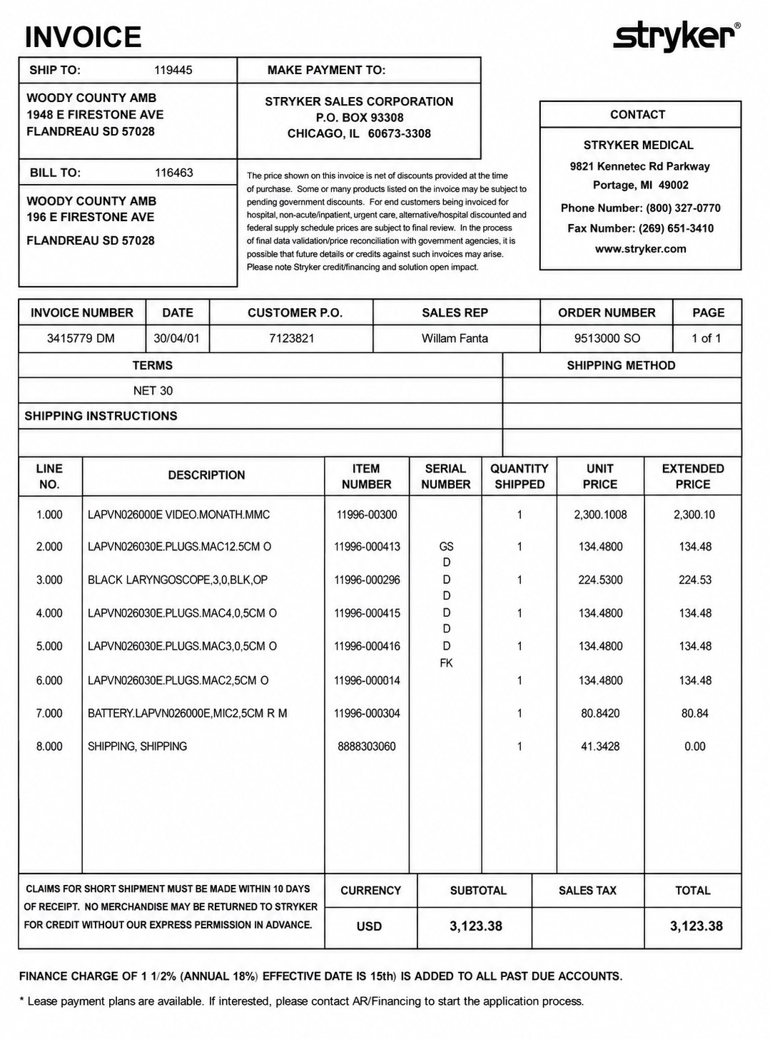 Stryker Invoice  - Free AI Invoice Generator, 50+ Real Invoice Examples
