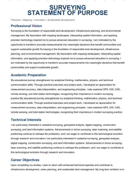 Surveying Statement of Purpose - Free AI Statement of Purpose Generator with 50+ Real SOP Examples