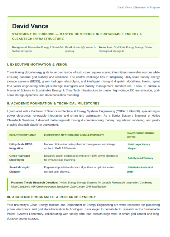 Sustainable Energy Statement of Purpose - Free AI Statement of Purpose Generator with 50+ Real SOP Examples