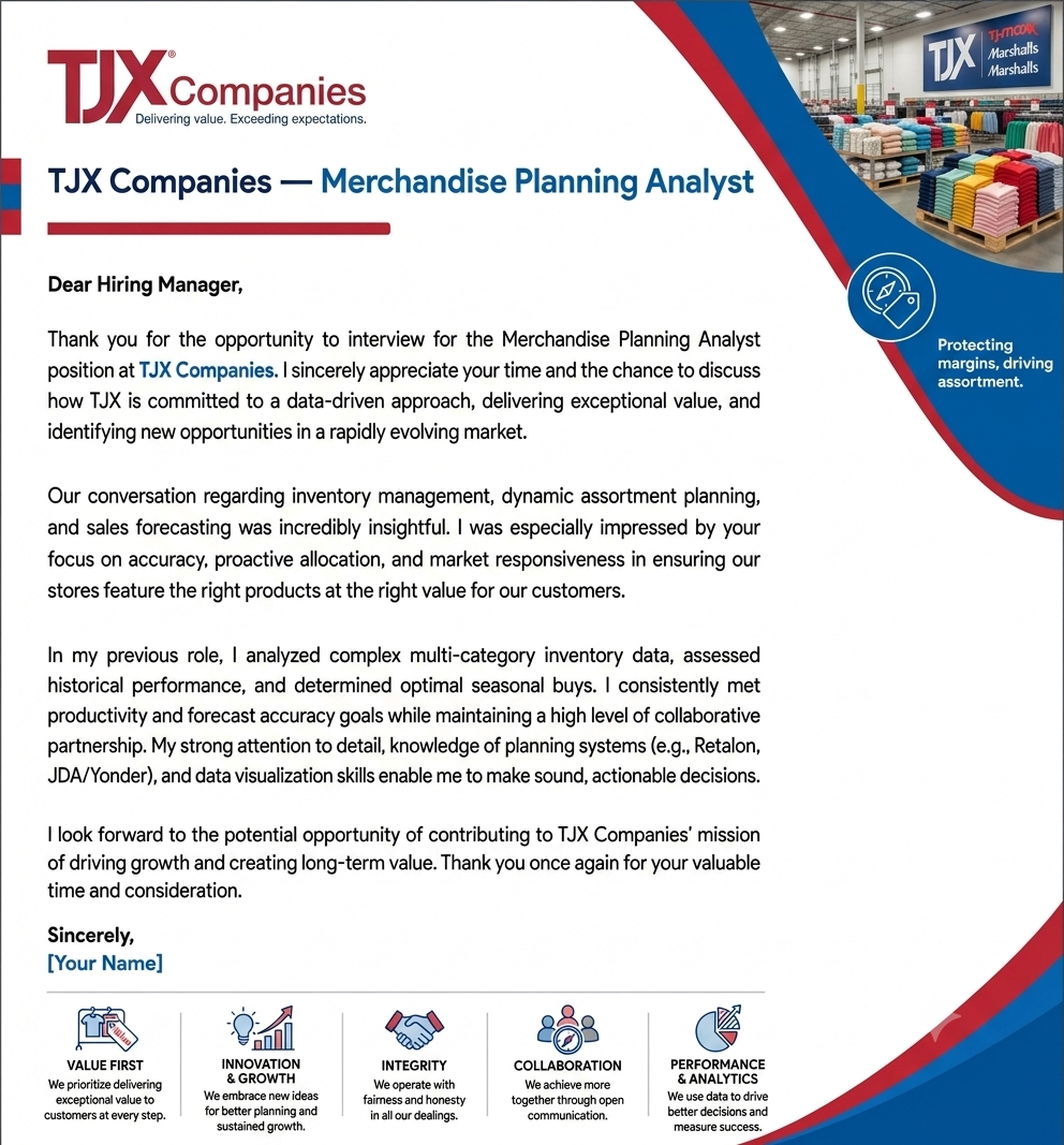 TJX Companies Merchandise Planning Analyst - AI Thank you Email after Interview Generator