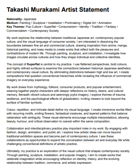 Takashi Murakami Artist Statement - Free AI Artist Statement Generator, 50+ Real Artist Statement Examples