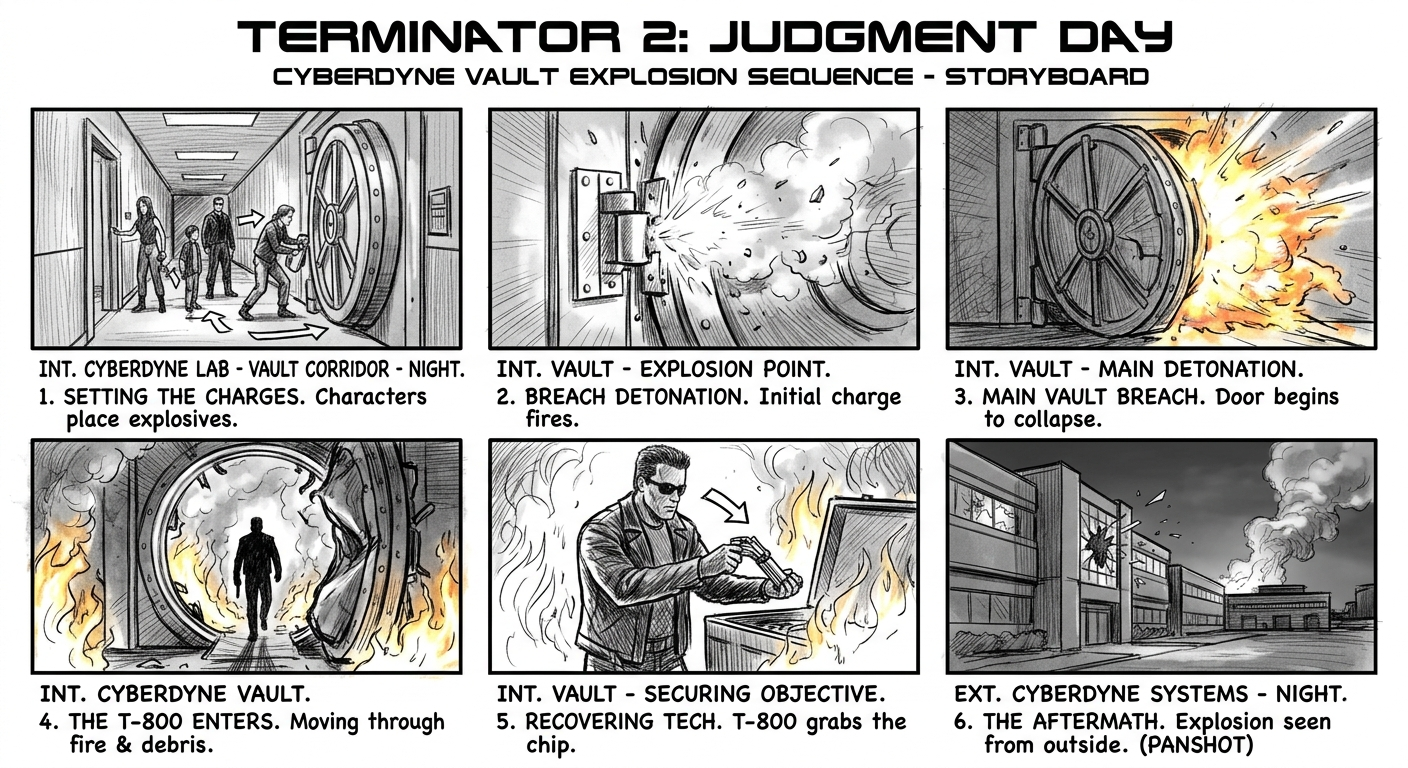 Terminator 2 Judgment Day Cyberdyne Vault Explosion Action Sequence Storyboard - Free AI Storyboard Generator, 40+ Real Storyboard Examples