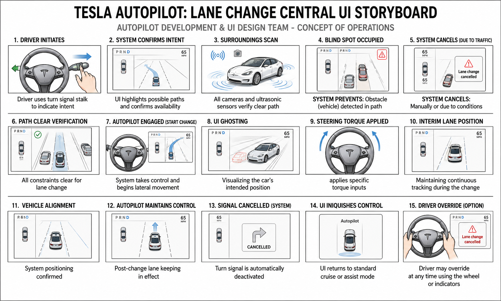 Tesla Autopilot Lane Change Central UI Storyboard - Free AI Storyboard Generator, 50+ Real Storyboard Examples