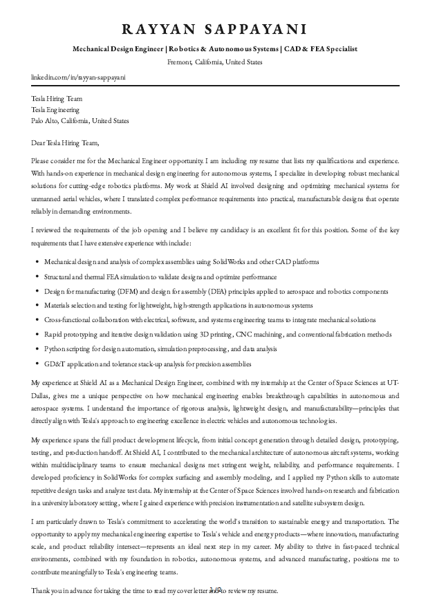 Tesla Mechanical Engineer Cover Letter - Free AI Cover Letter Generator, 50+ Real Cover Letter Examples