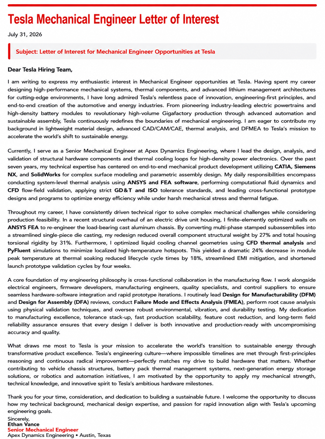 Tesla Mechanical Engineer Letter of Interest - Free AI Letter of Interest Generator, 50+ Real Letter of Interest Examples