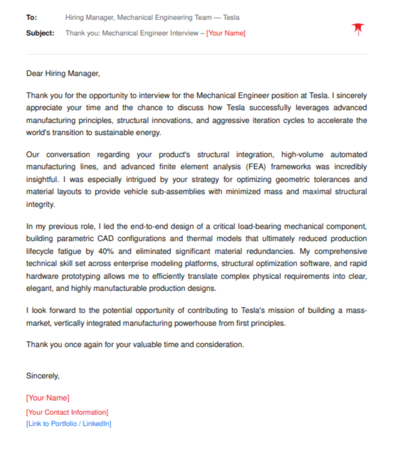 Tesla Mechanical Engineer - AI Thank you Email after Interview Generator