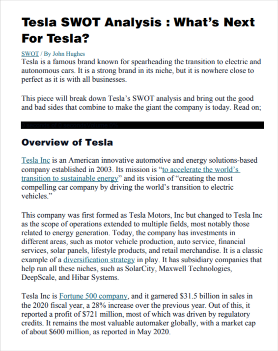Tesla Swot Analysis  - Free AI swot analysis Generator, 50+ Real swot analysis Examples