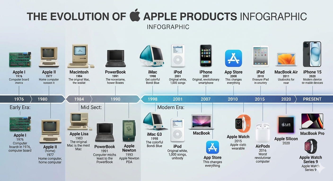 The Evolution of Apple Products Infographic Timeline - Free AI Timeline Generator, 40+ Real Timeline Examples
