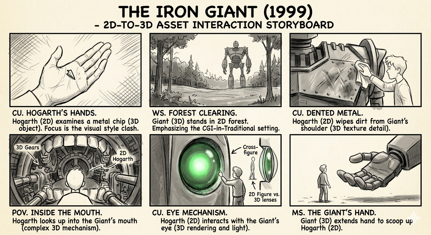 The Iron Giant 2D-to-3D Asset Integration Hand-Drawn Storyboard - Free AI Storyboard Generator, 40+ Real Storyboard Examples
