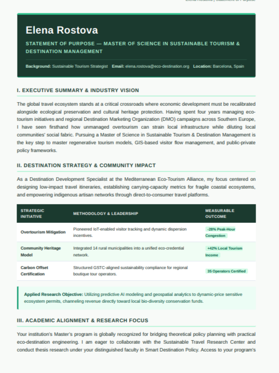 Tourism Management Statement of Purpose - Free AI Statement of Purpose Generator with 50+ Real SOP Examples