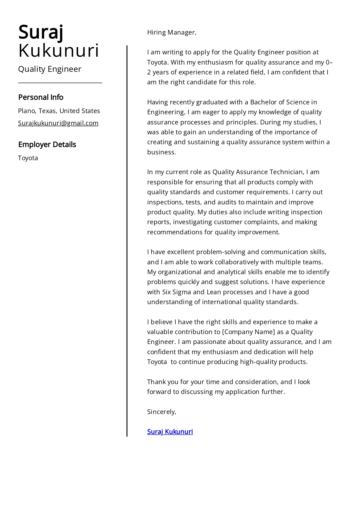 Toyota Quality Engineer Cover Letter - Free AI Cover Letter Generator, 50+ Real Cover Letter Examples