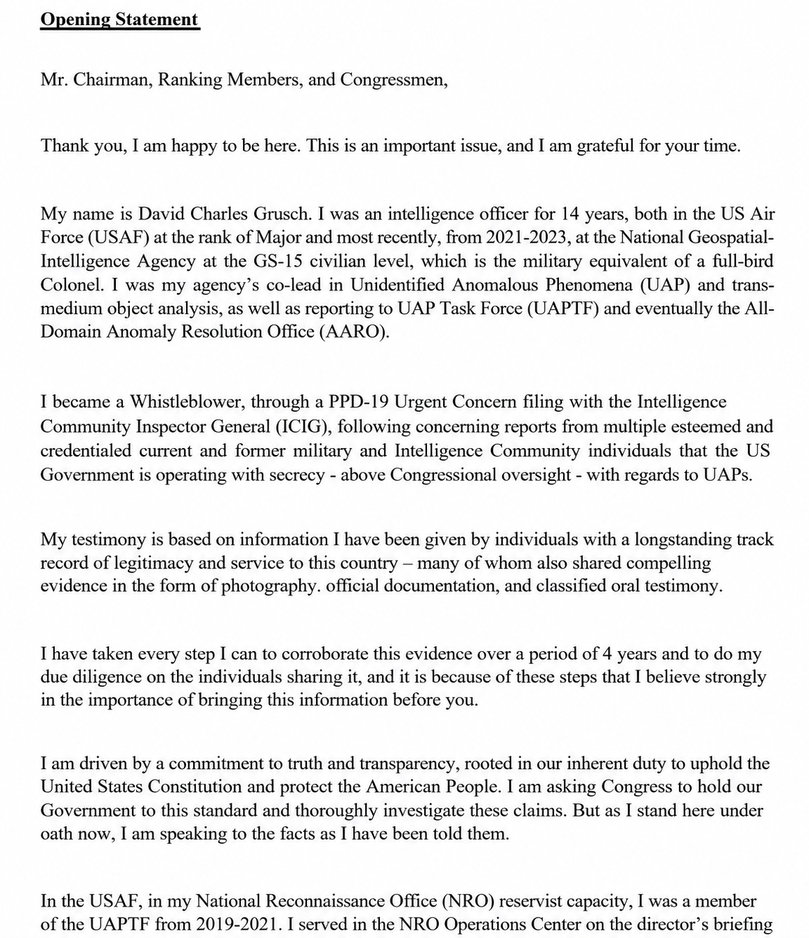 UAP Congressional Opening Statement - Free AI Opening Statement Generator, 50+ Real Opening Statement Examples