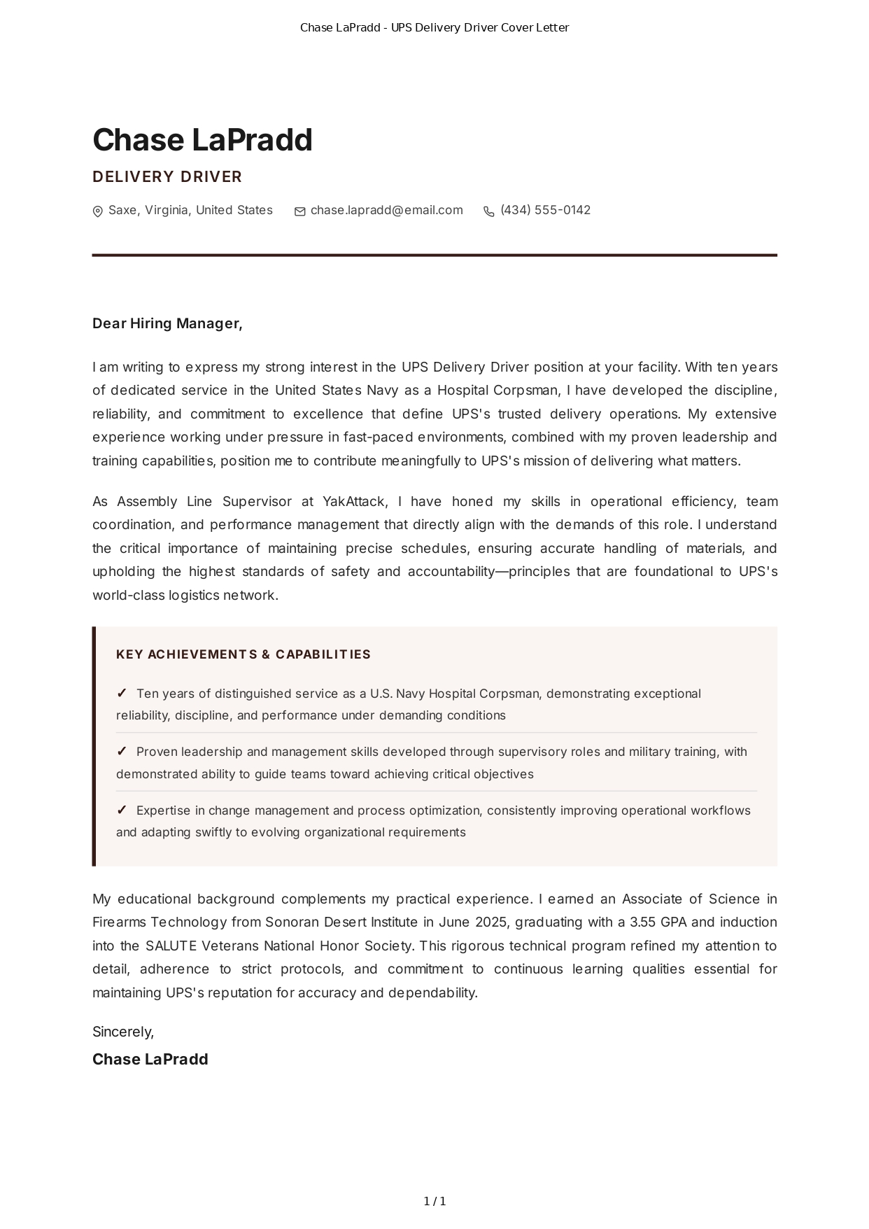UPS Delivery Driver Cover Letter - Free AI Cover Letter Generator, 50+ Real Cover Letter Examples