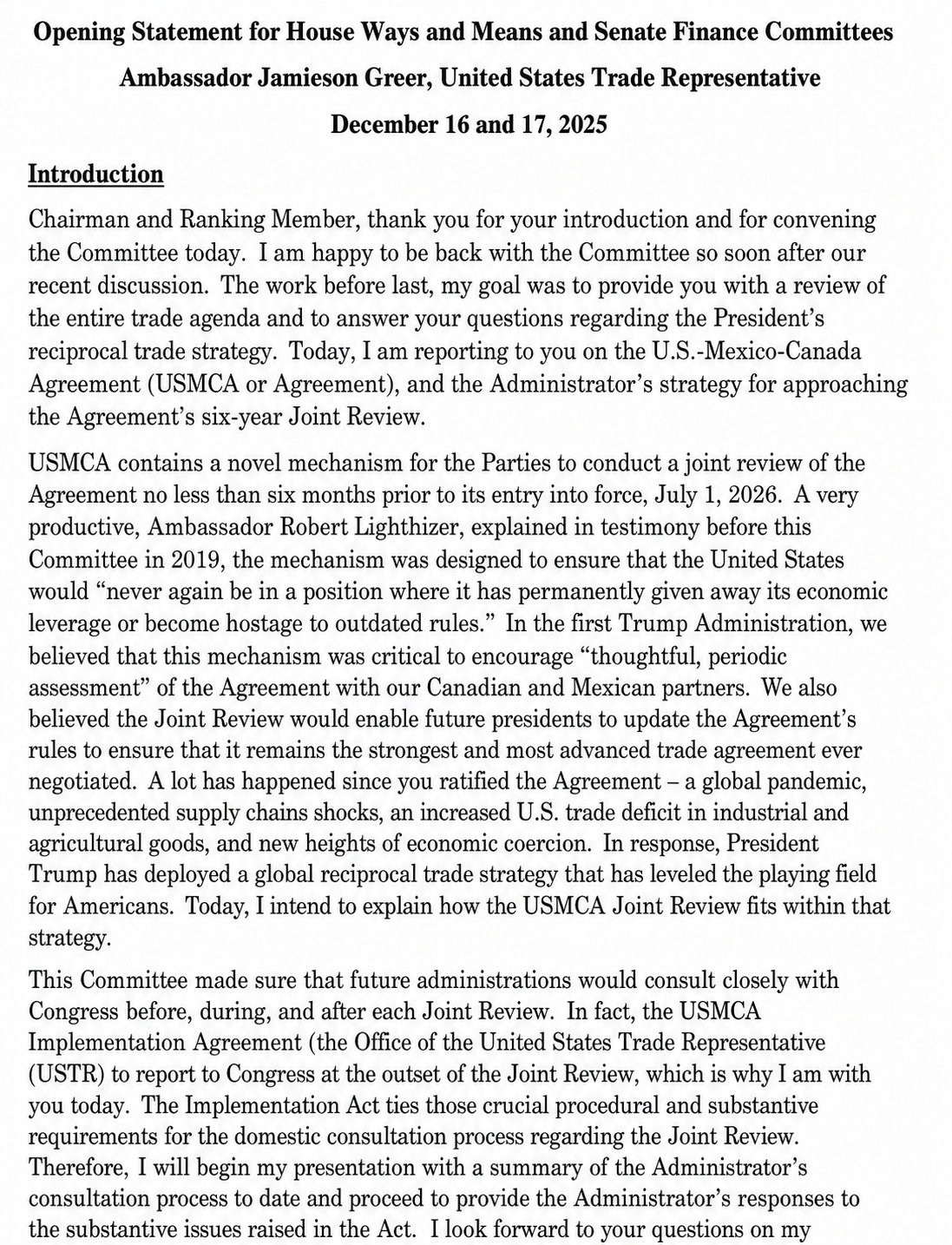 USMCA Congressional Opening Statement - Free AI Opening Statement Generator, 50+ Real Opening Statement Examples