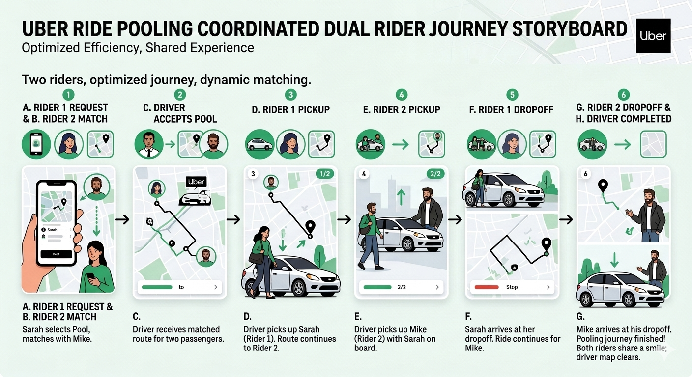 Uber Ride Pooling Coordinated Dual Rider Journey Storyboard - Free AI Storyboard Generator, 50+ Real Storyboard Examples