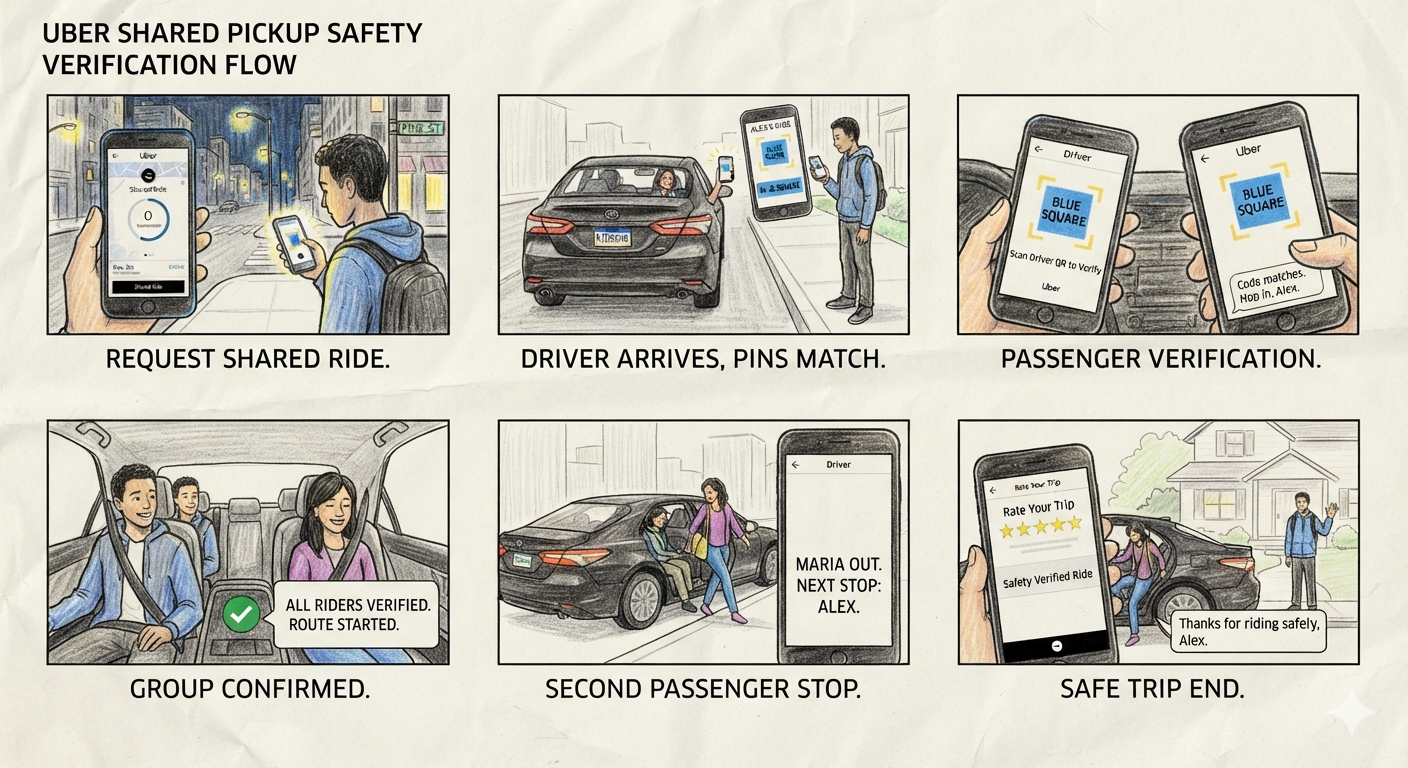 Uber Shared Pickup Safety Verification Flow Storyboard - Free AI Storyboard Generator, 50+ Real Storyboard Examples