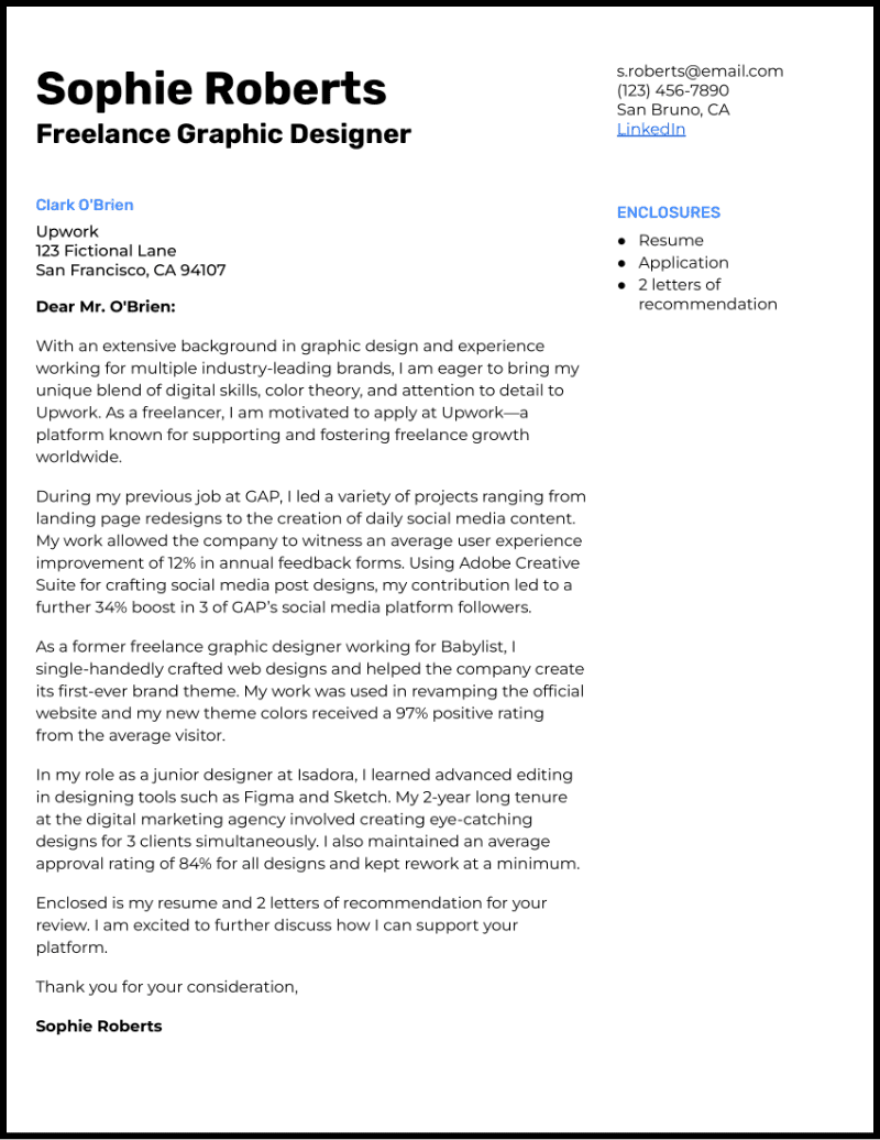 Upwork Graphic Designer Cover Letter - Free AI Cover Letter Generator, 50+ Real Cover Letter Examples