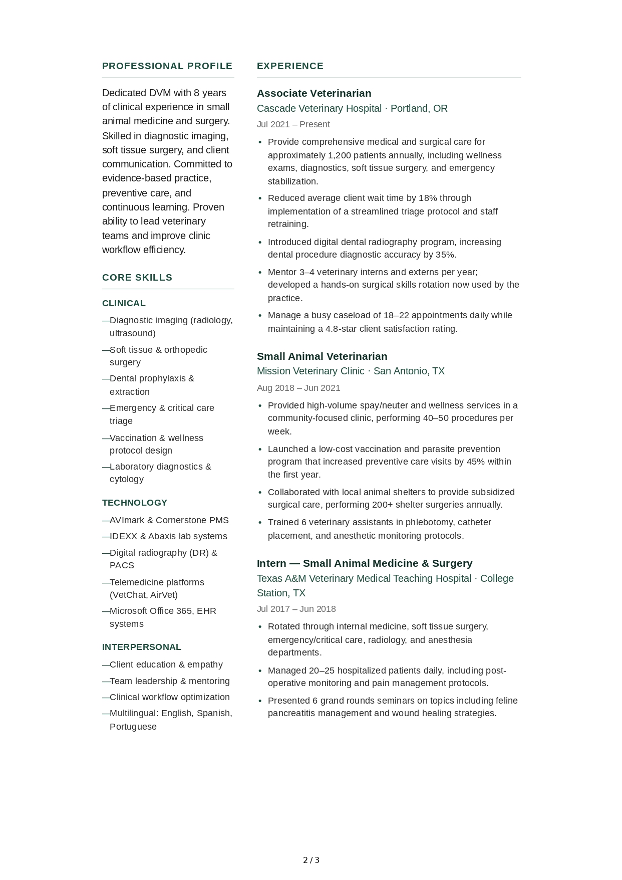 Veterinarian CV - Free AI CV Maker, 50+ Real CV Examples