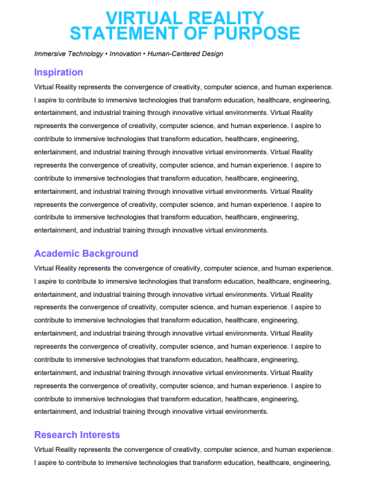 Virtual Reality Statement of Purpose - Free AI Statement of Purpose Generator with 50+ Real SOP Examples