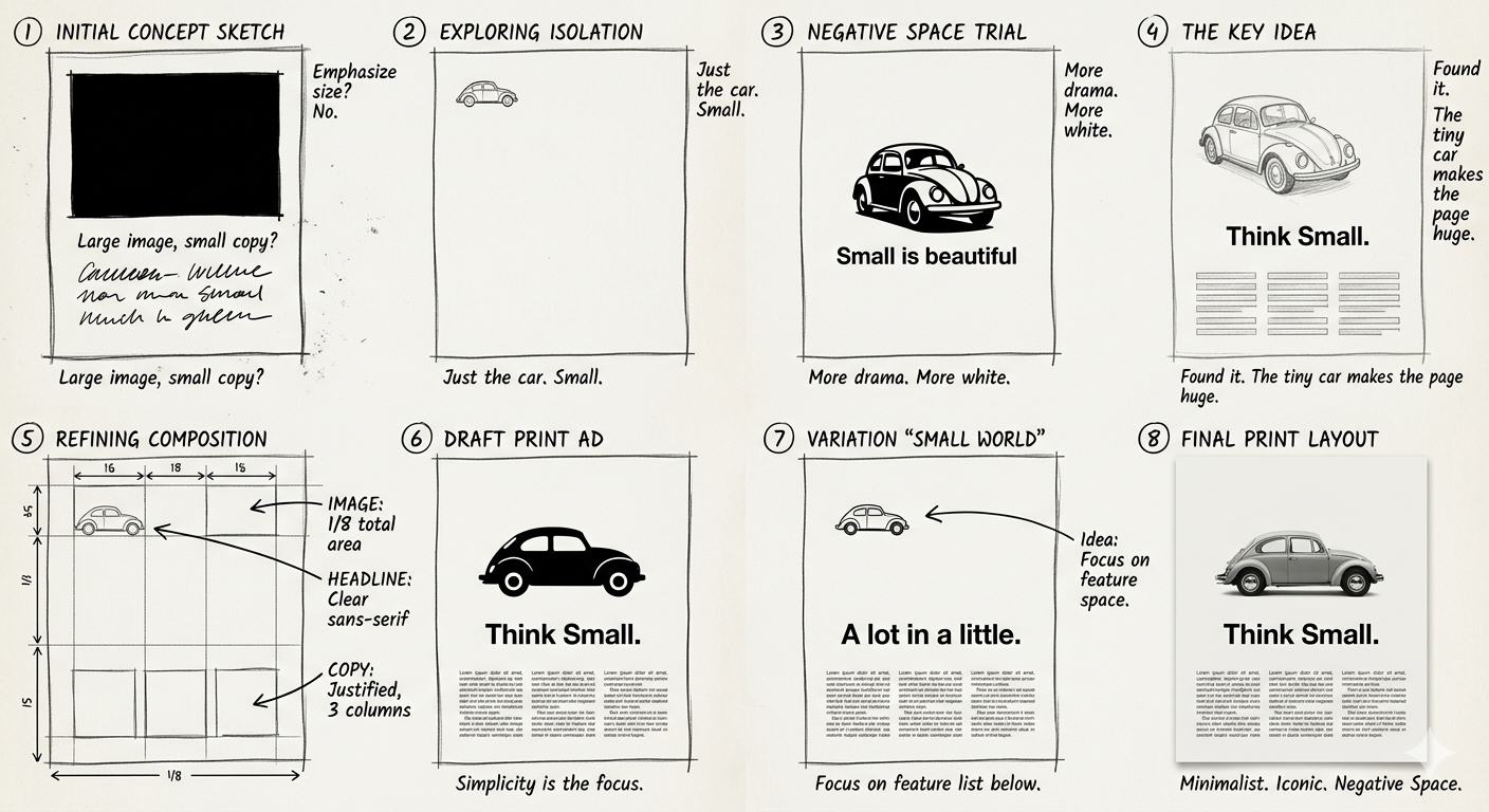Volkswagen Think Small Minimalist Negative Space Print Layout Panels Storyboard - Free AI Storyboard Generator, 40+ Real Storyboard Examples