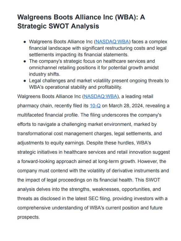 Walgreens Boots Alliance Swot Analysis  - Free AI swot analysis Generator, 50+ Real swot analysis Examples