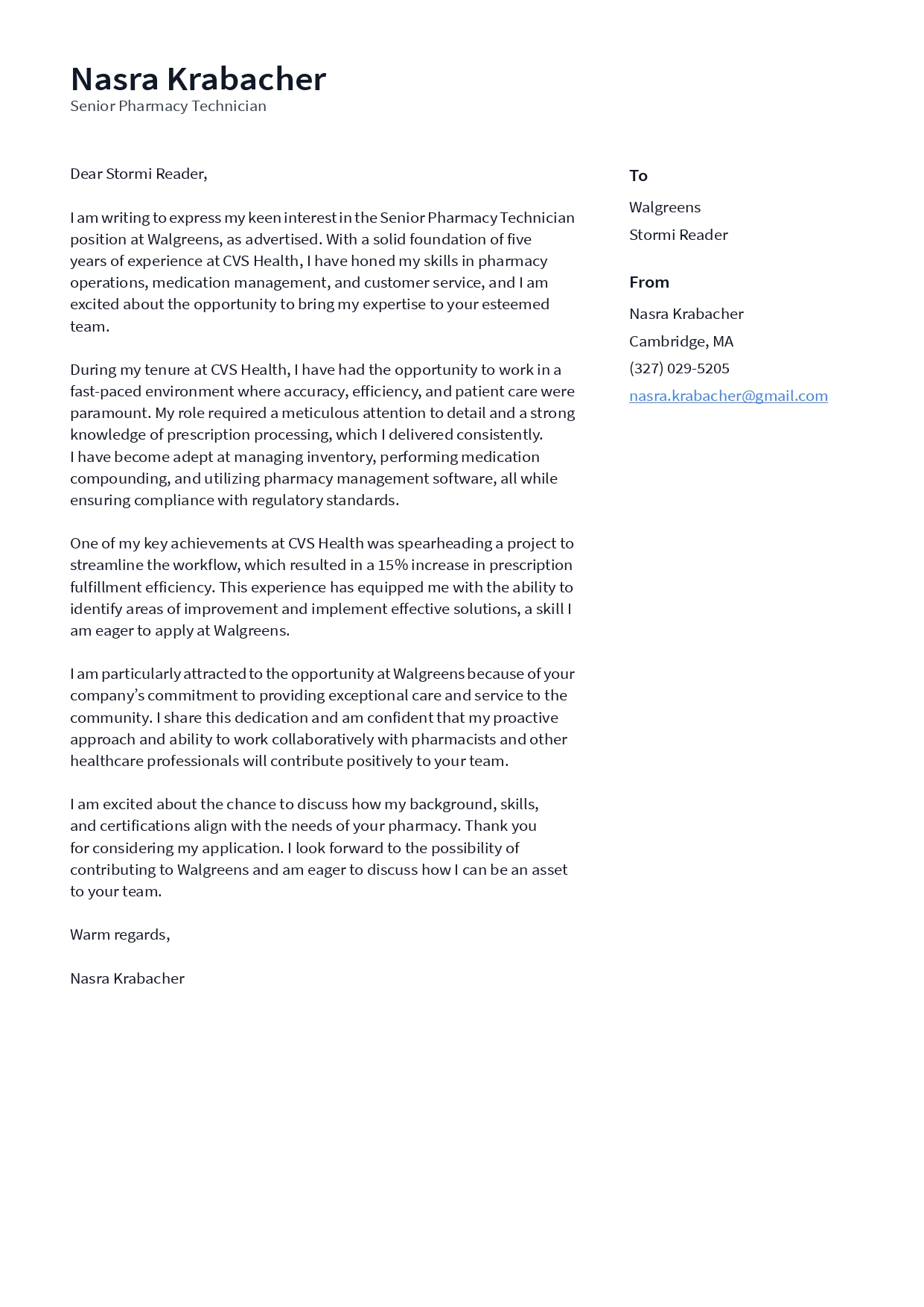 Walgreens Pharmacy Technician Cover Letter - Free AI Cover Letter Generator, 50+ Real Cover Letter Examples