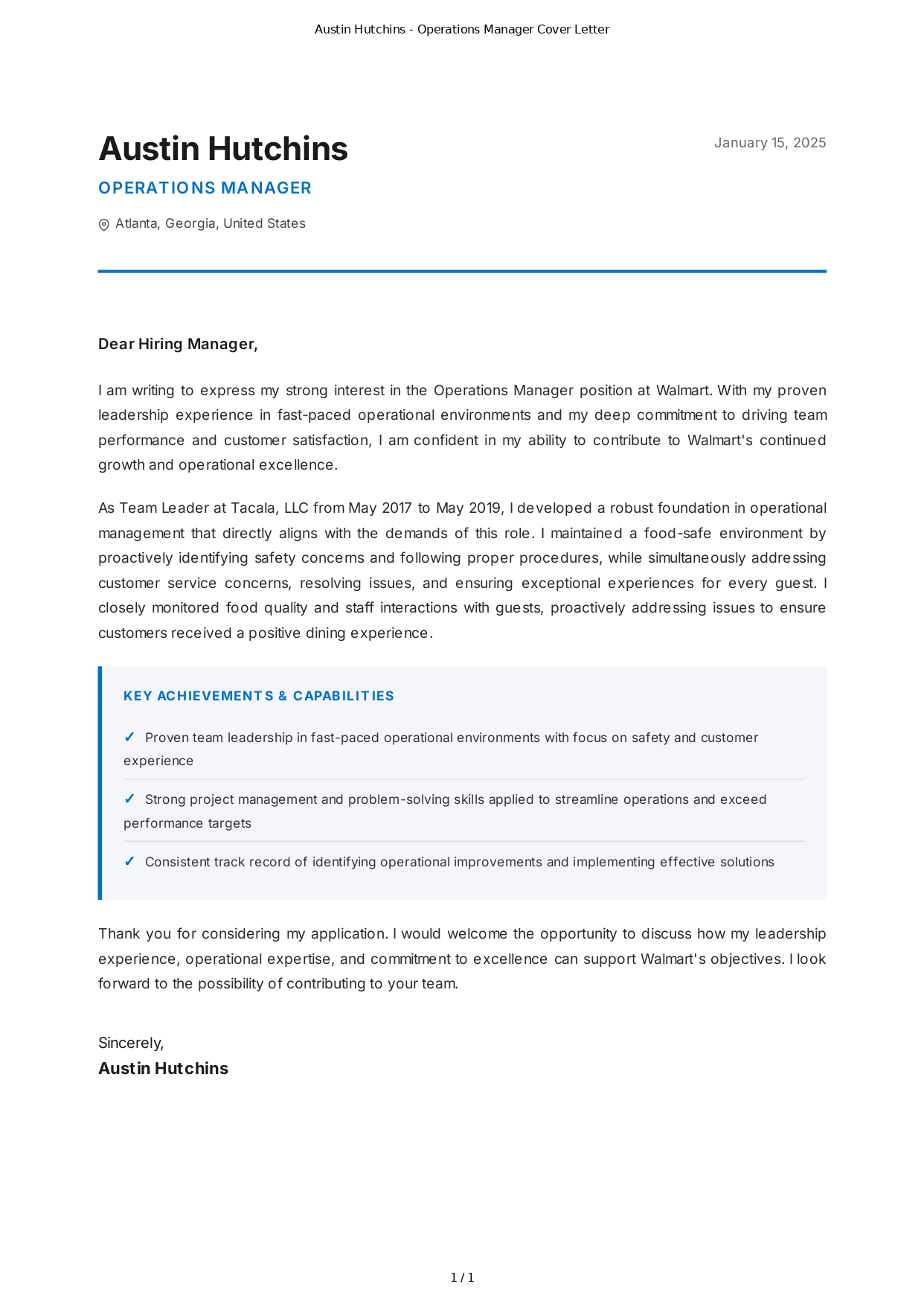 Walmart Operations Manager Cover Letter - Free AI Cover Letter Generator, 50+ Real Cover Letter Examples