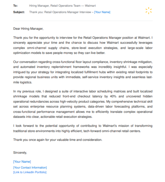 Walmart Retail Operations Manager - AI Thank you Email after Interview Generator