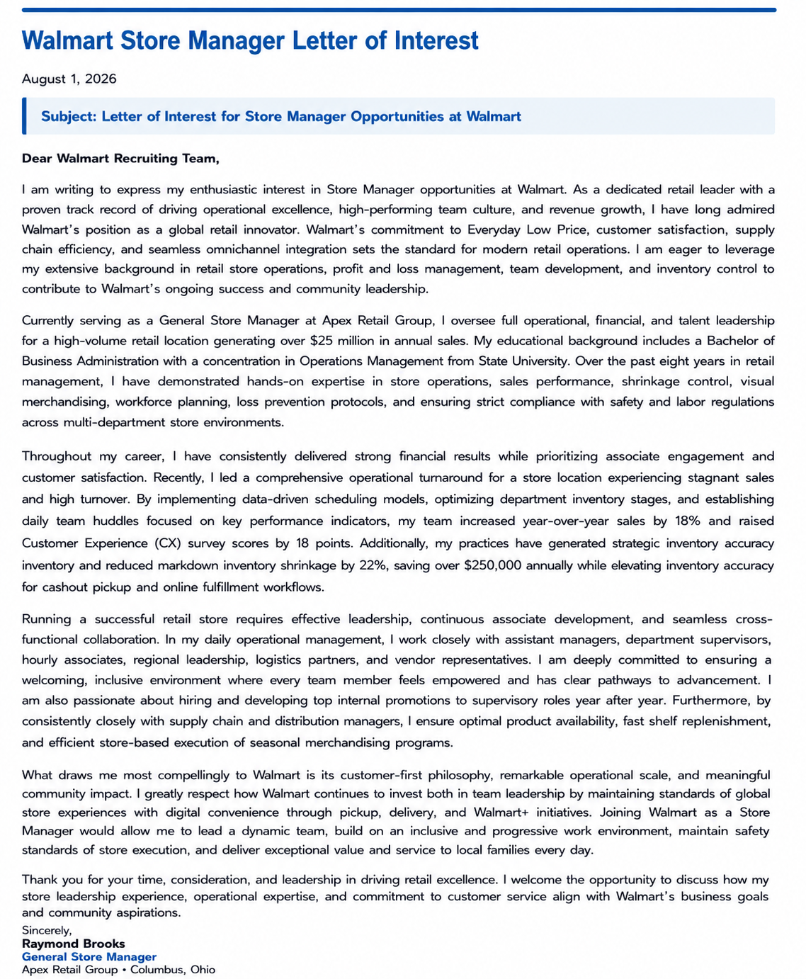 Walmart Store Manager Letter of Interest - Free AI Letter of Interest Generator, 50+ Real Letter of Interest Examples