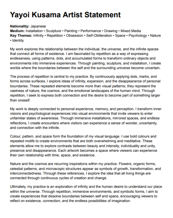 Yayoi Kusama Artist Statement - Free AI Artist Statement Generator, 50+ Real Artist Statement Examples