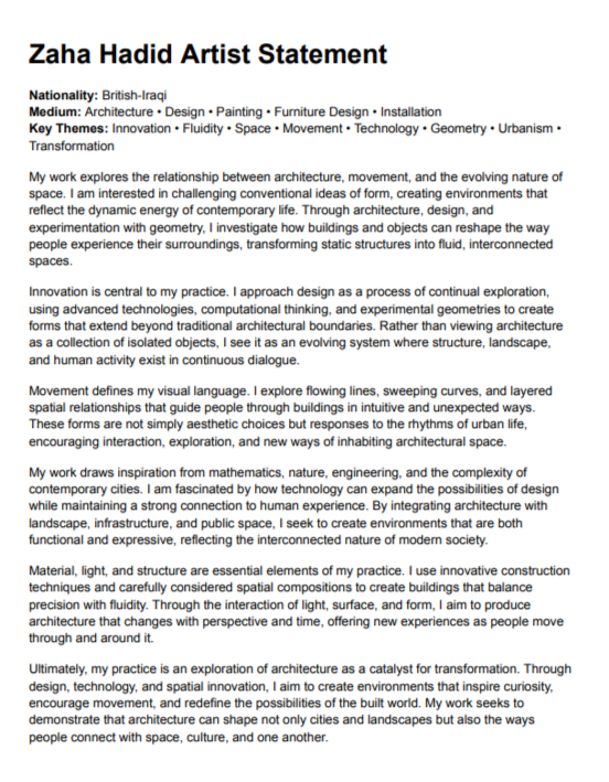 Zaha Hadid Artist Statement - Free AI Artist Statement Generator, 50+ Real Artist Statement Examples
