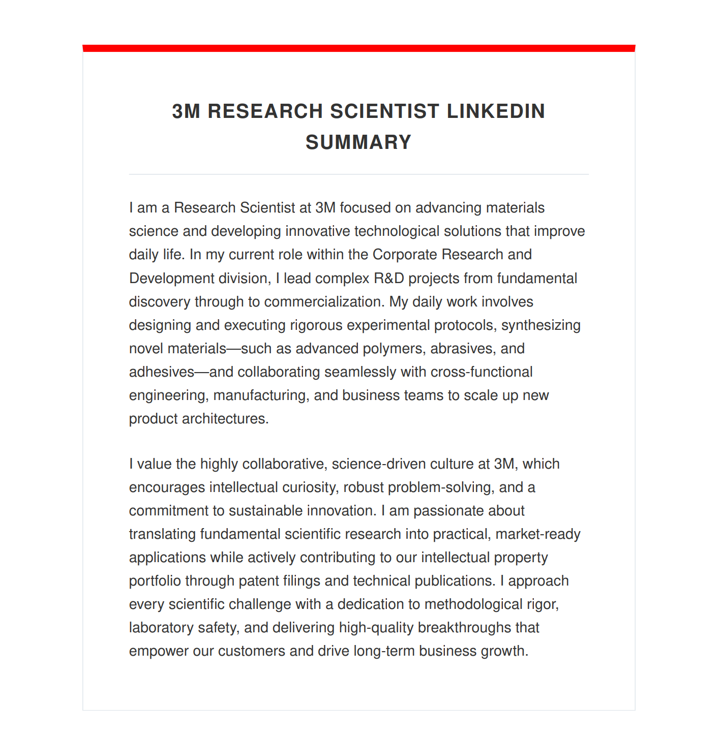 3M Research Scientist LinkedIn Summary - Free AI LinkedIn Summary Generator, 50+ Real LinkedIn Summary Examples