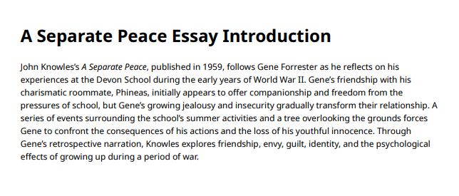 A Separate Peace Essay Introduction - Free AI Essay Introduction Generator, 50+ Real Essay Introduction Examples