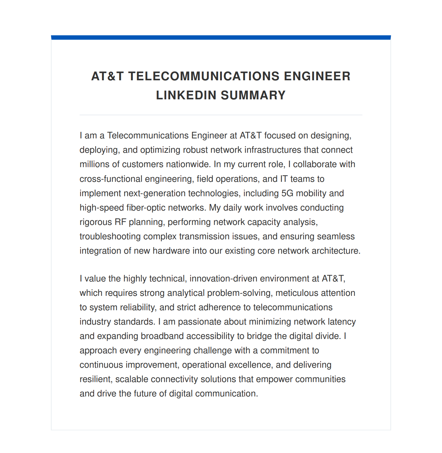 AT&T Telecommunications Engineer LinkedIn Summary - Free AI LinkedIn Summary Generator, 50+ Real LinkedIn Summary Examples