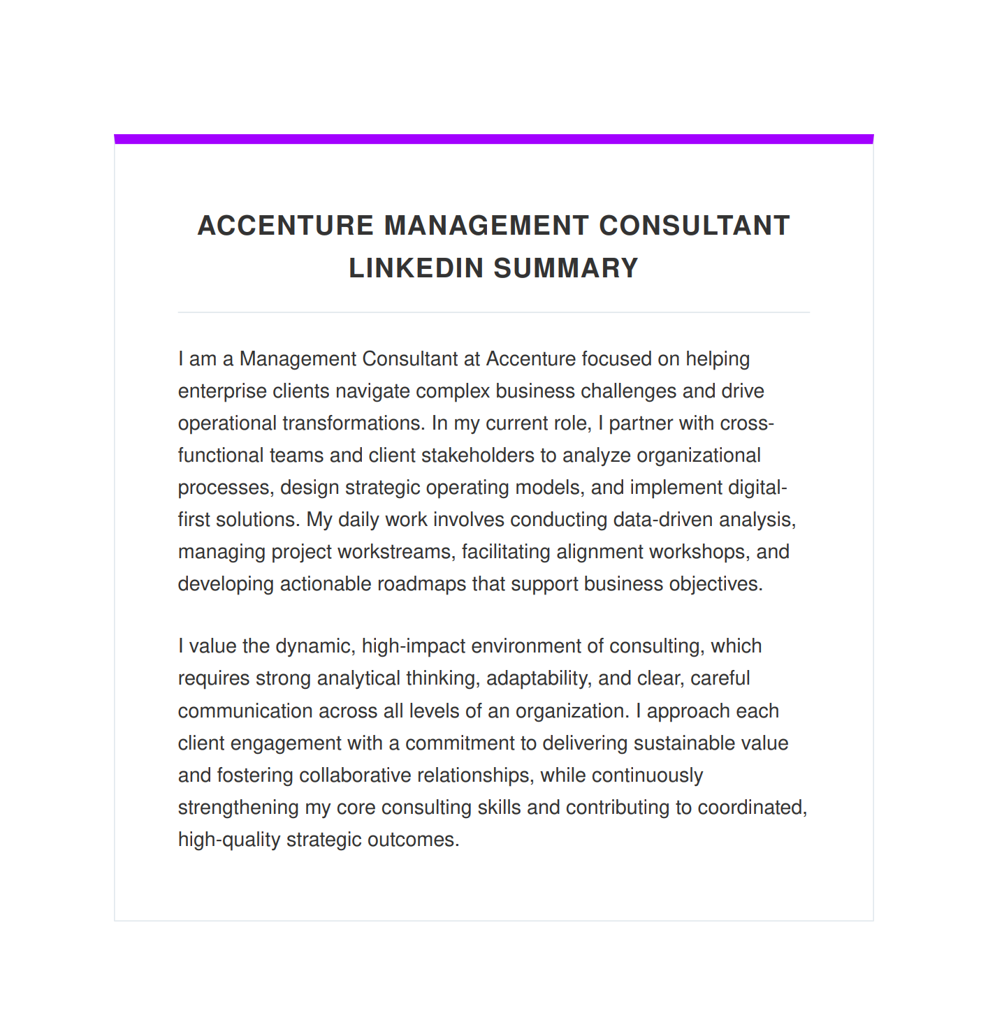 Accenture Management Consultant LinkedIn Summary - Free AI LinkedIn Summary Generator, 50+ Real LinkedIn Summary Examples