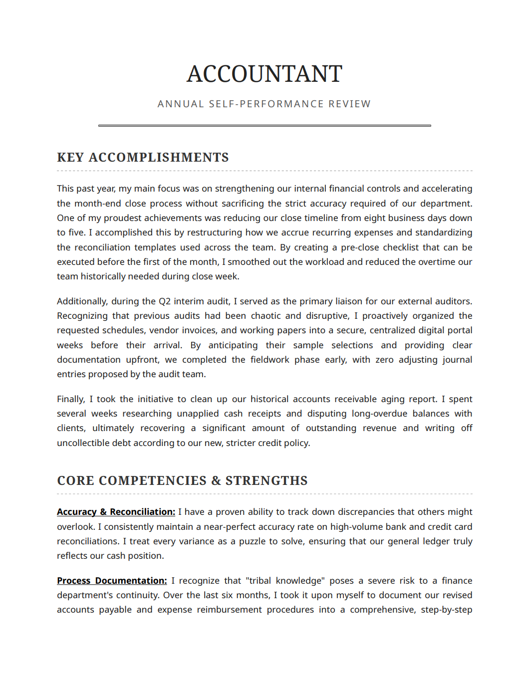 Accountant Self Performance Review - Free AI Self Performance Review Generator, 50+ Real Self Performance Review Examples