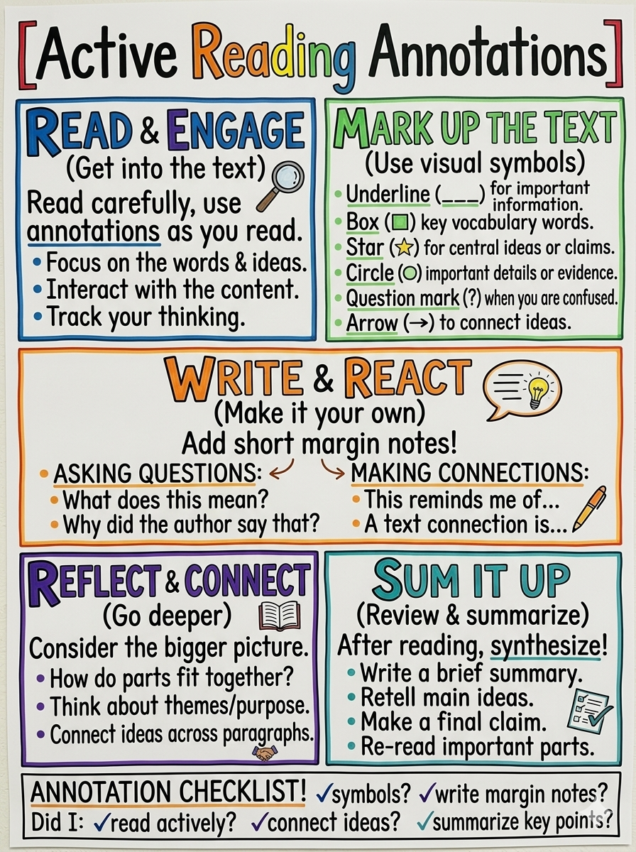 Active Reading Annotations Anchor Chart for 7th Grade ELA - Free AI Anchor Chart Generator, 50+ Real Anchor Chart Examples