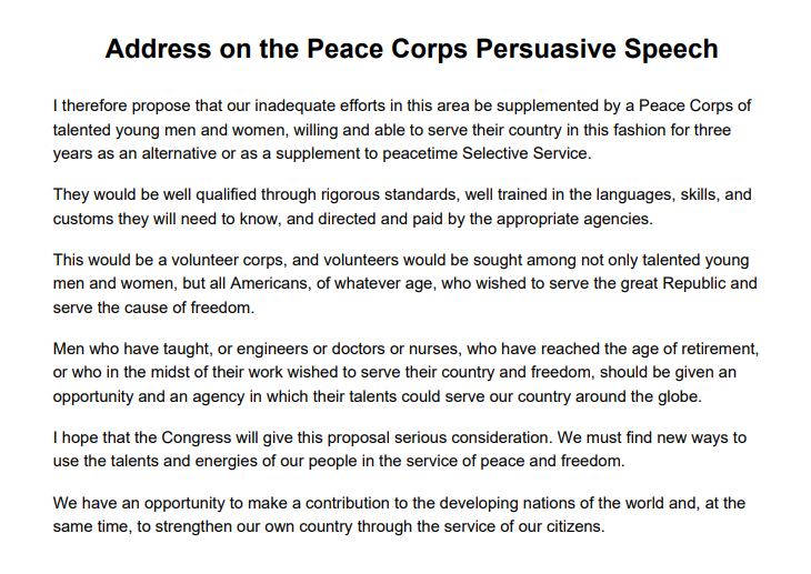 Address on the Peace Corps Persuasive Speech - Free AI Persuasive Speech Generator, 50+ Real Persuasive Speech Examples