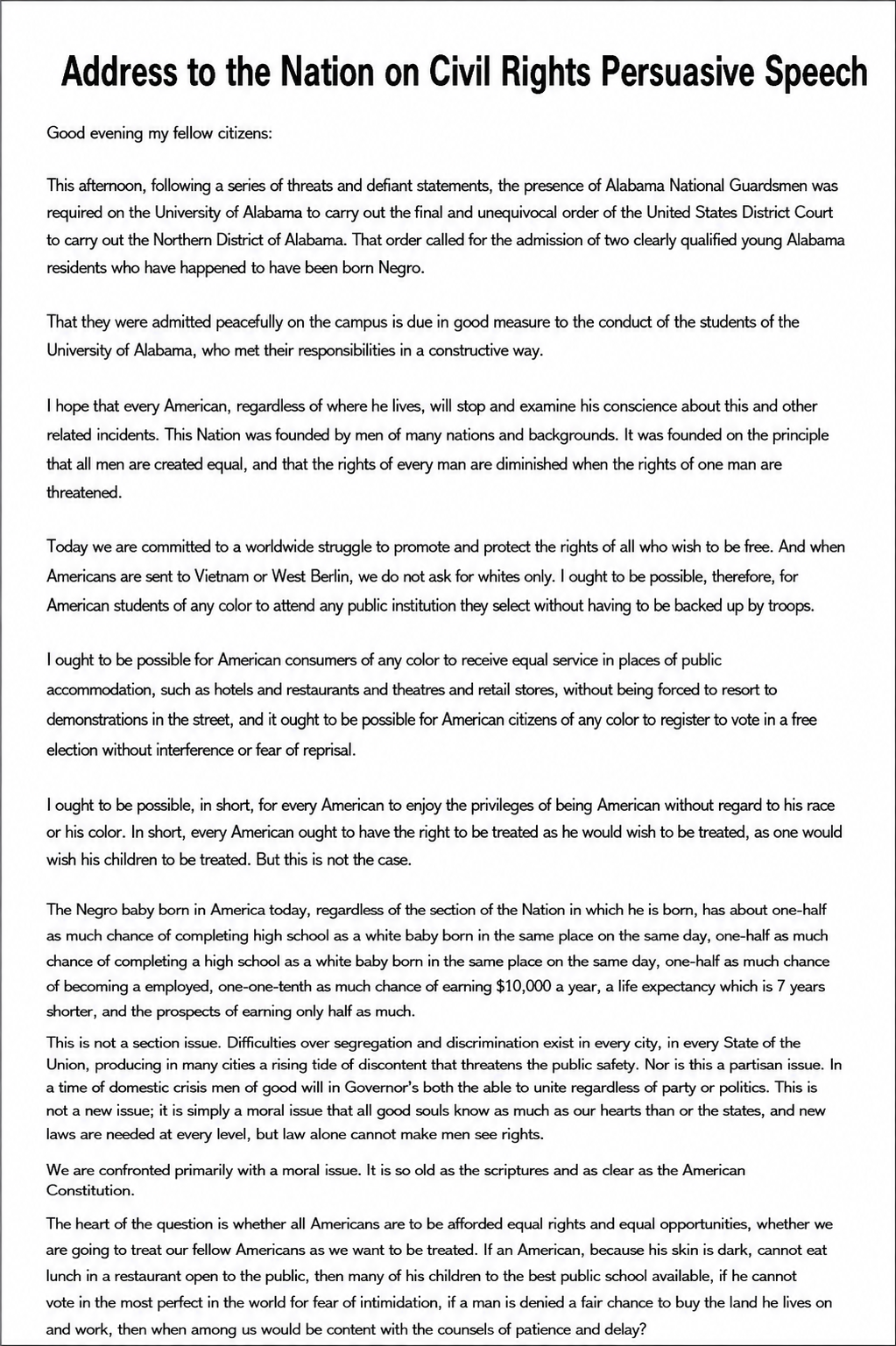 Address to the Nation on Civil Rights Persuasive Speech - Free AI Persuasive Speech Generator, 50+ Real Persuasive Speech Examples
