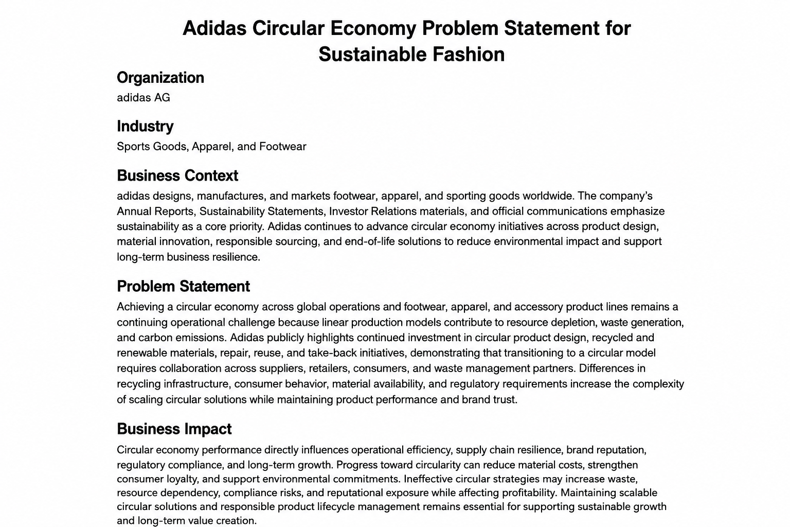 Adidas Circular Economy Problem Statement - Free AI Problem Statement Generator, 50+Real Problem Statement Examples