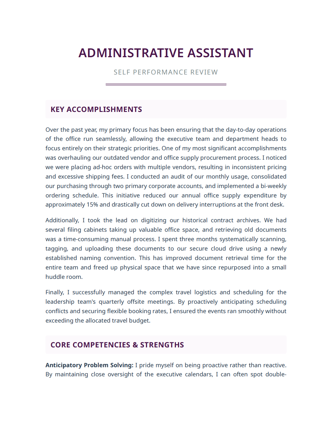 Administrative Assistant Self Performance Review - Free AI Self Performance Review Generator, 50+ Real Self Performance Review Examples